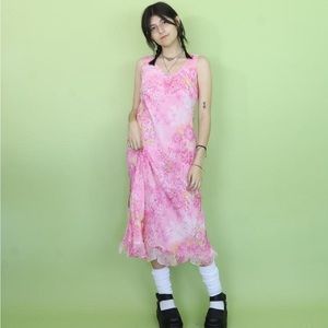 Pink Silk Fairycore Floral Dress